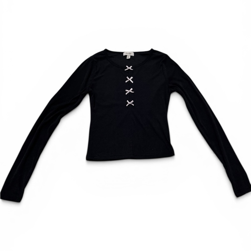 Faded Rose Black Long Sleeve Bow Top Ribbed Fitted Medium